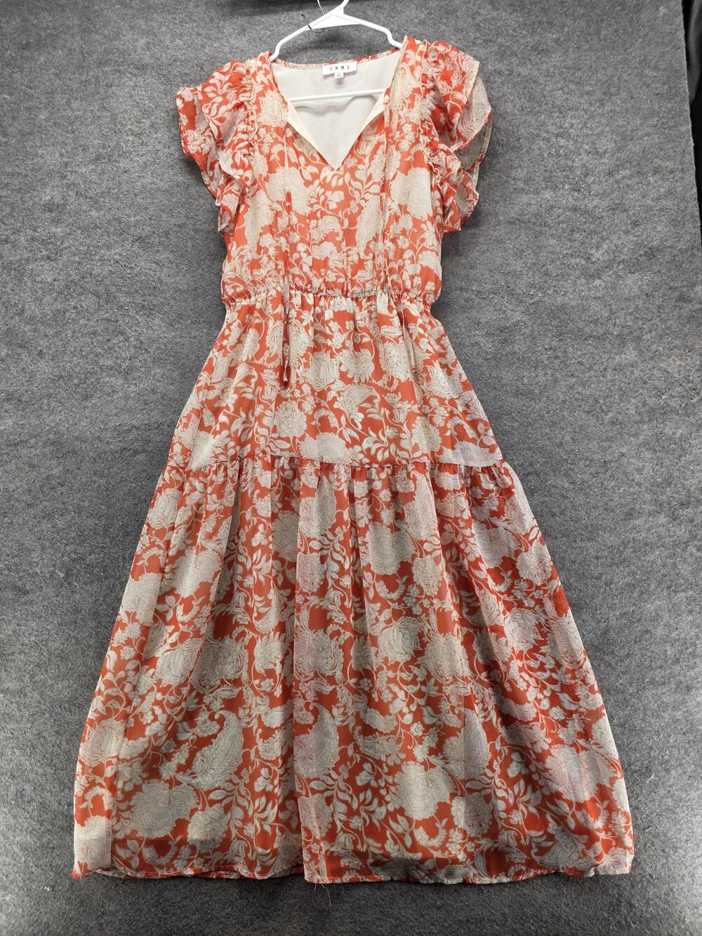 THML Dress Womens S Orange Fit & Flare Long V-Neck Chiffon Lined Ruffle